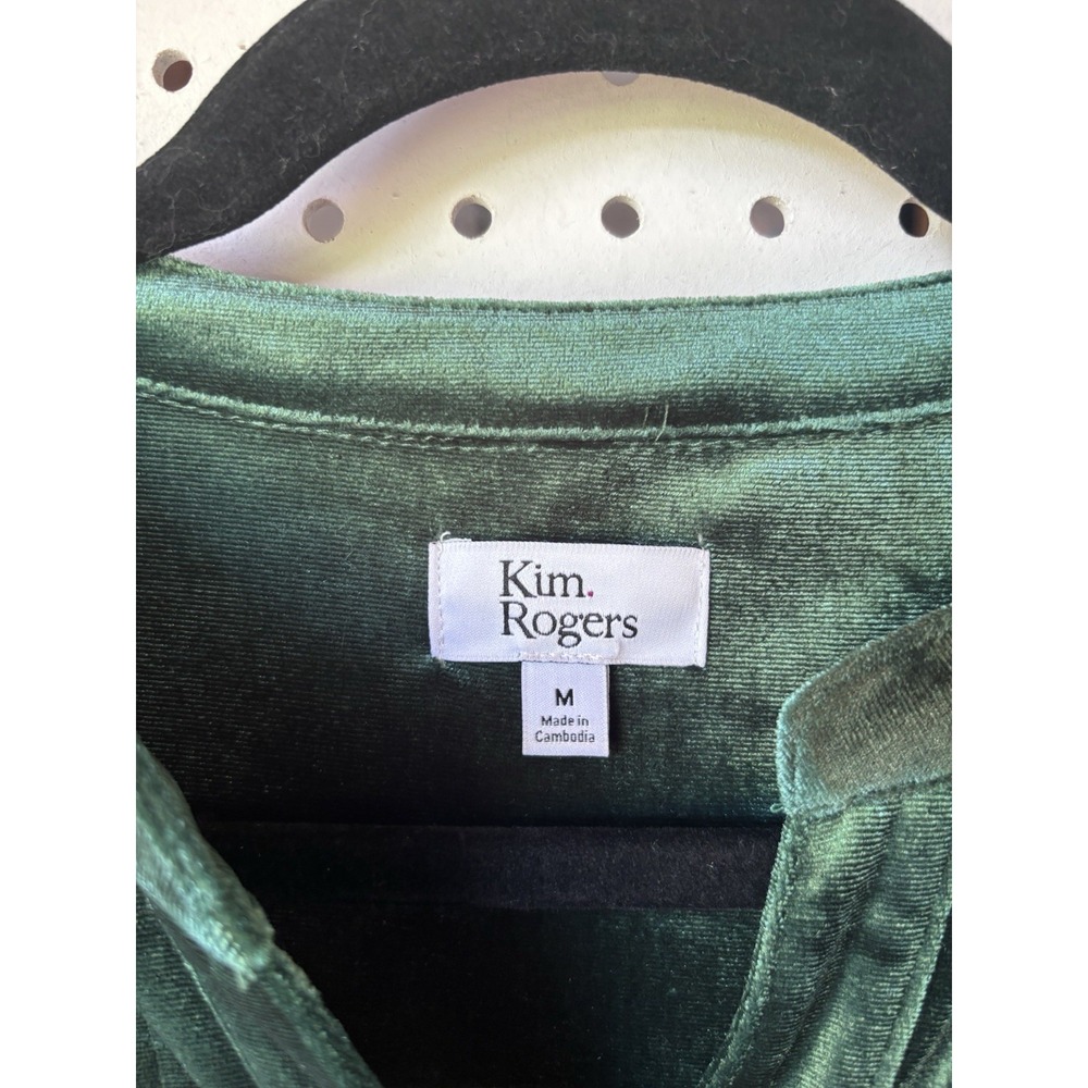 Kim Rogers Womens M Velvet Green V Neck Henley Pleated Tunic Blouse 3/4 SLV - Picture 2 of 6